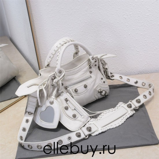 Balenciaga Cagole XS Small 26 White Motorcycle Lambskin Silver Hardware 26x11x8cm