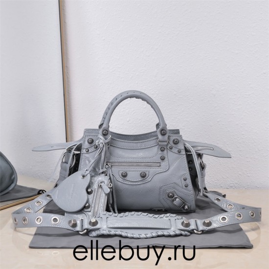 Balenciaga Cagole XS Small 26 Light Gray Motorcycle Lambskin Silver Hardware 26x11x8cm