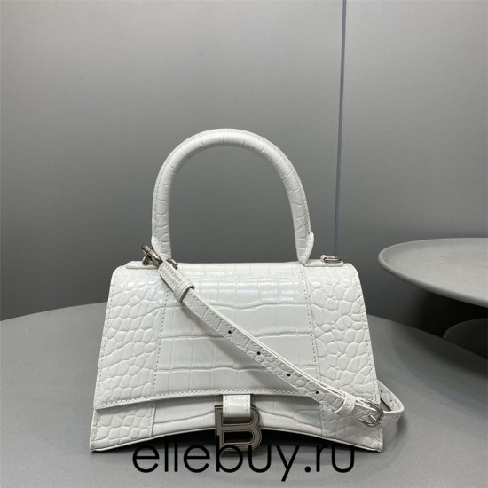 Balenciaga Hourglass Small 23 Croc-Embossed White Silver Hardware 23x19x24cm