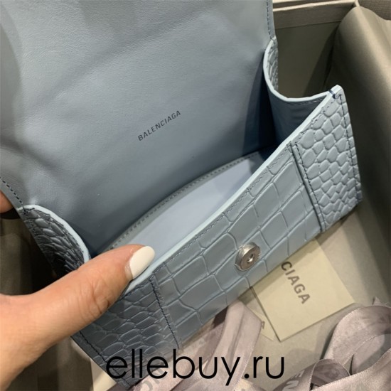 Balenciaga Hourglass XS Small 19 Croc-Embossed Light Blue Silver Hardware 19x8x21cm