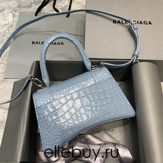 Balenciaga Hourglass Small 23 Croc-Embossed Light Blue Silver Hardware 23x19x24cm