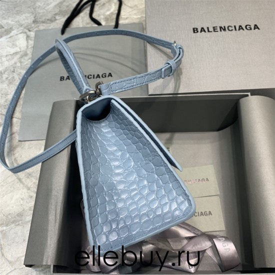 Balenciaga Hourglass Small 23 Croc-Embossed Light Blue Silver Hardware 23x19x24cm