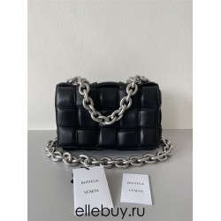 BOTTEGA VENETA Cassette Chain Padded Cassette Black Silver Buckle Medium 26 Size: 26x18x6cm Full Leather