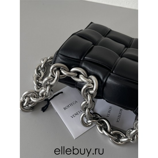 BOTTEGA VENETA Cassette Chain Padded Cassette Black Silver Buckle Medium 26 Size: 26x18x6cm Full Leather