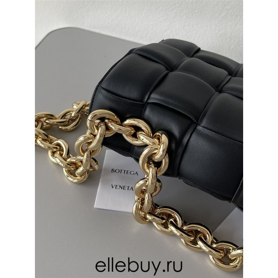 BOTTEGA VENETA Cassette Chain Padded Cassette Black Gold Buckle Medium 26 Size: 26x18x6cm Full Leather