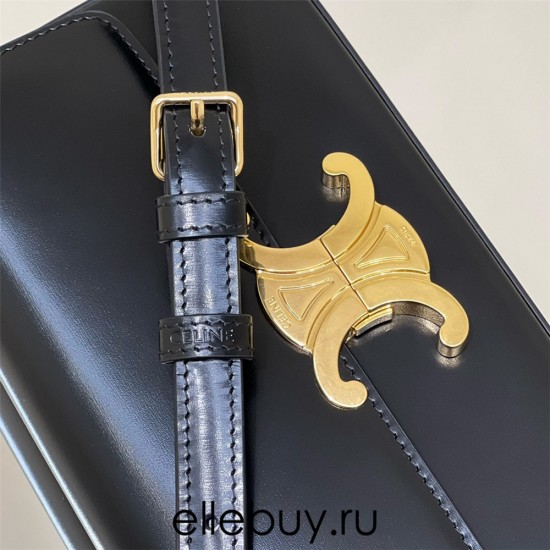 Celine Triomphe Shoulder Bag Black Full Leather Gold Hardware Model: 194143 Size: 20x10x4cm