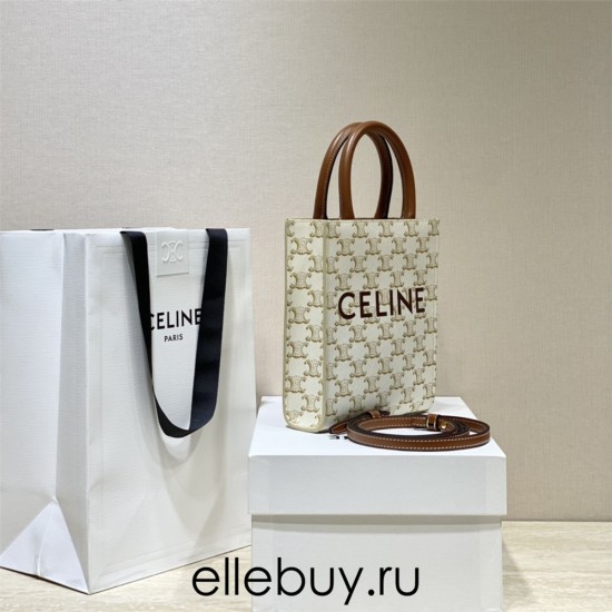 Celine Triomphe Canvas Cabas Tote Mini 17 White Model: 194372 Size: 17x21x4cm