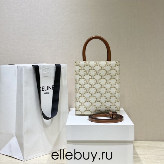 Celine Triomphe Canvas Cabas Tote Mini 17 White Model: 194372 Size: 17x21x4cm