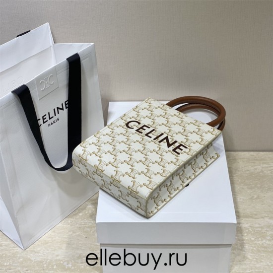 Celine Triomphe Canvas Cabas Tote Mini 17 White Model: 194372 Size: 17x21x4cm