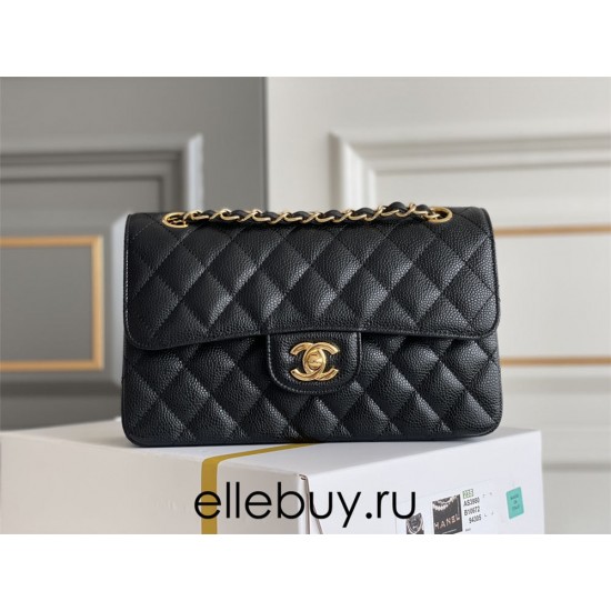 Chanel Classic Flap bag Small 23 Black with gold hardware, Caviar leather, Hass Factory leather, edge stitching, red interior.