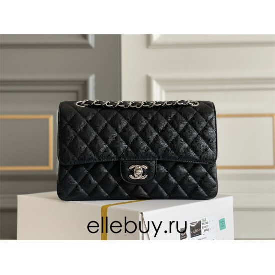 Chanel Classic Flap bag Medium 25 Black with silver hardware, Caviar leather, Hass Factory leather, edge stitching, red interior.