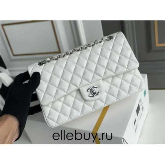 Chanel Classic Flap bag Medium 25 White with silver hardware, Caviar leather, Hass Factory leather, seamless.