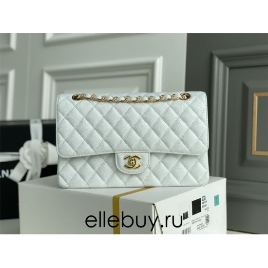 Chanel Classic Flap bag Medium 25 White with gold hardware, Caviar leather, Hass Factory leather, edge stitching.