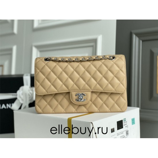 Chanel Classic Flap bag Medium 25 Beige with silver hardware, Caviar leather, Hass Factory leather, edge stitching.