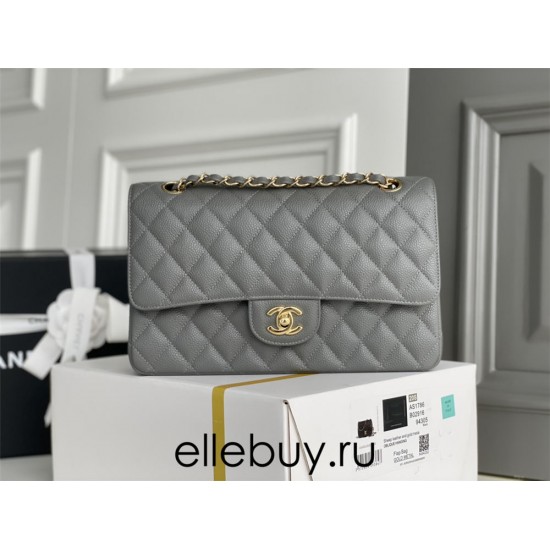 Chanel Classic Flap bag Medium 25 Gray with gold hardware, Caviar leather, Hass Factory leather, edge stitching.