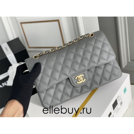 Chanel Classic Flap bag Medium 25 Gray with gold hardware, Caviar leather, Hass Factory leather, edge stitching.