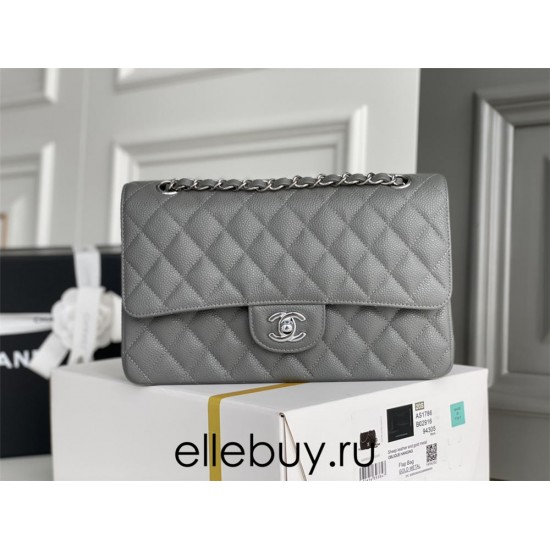 Chanel Classic Flap bag Medium 25 Gray with silver hardware, Caviar leather, Hass Factory leather, edge stitching.