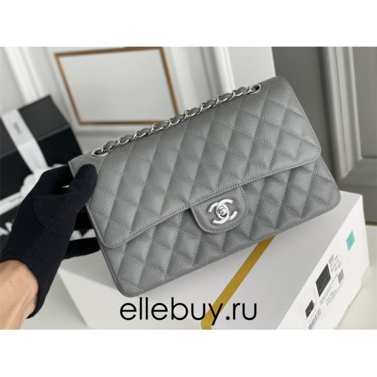 Chanel Classic Flap bag Medium 25 Gray with silver hardware, Caviar leather, Hass Factory leather, edge stitching.