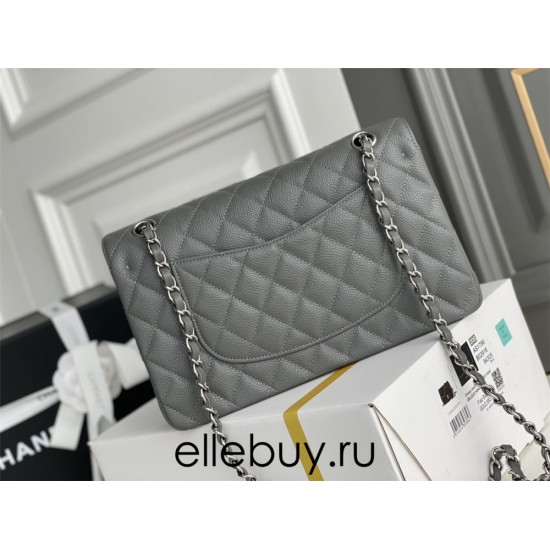 Chanel Classic Flap bag Medium 25 Gray with silver hardware, Caviar leather, Hass Factory leather, edge stitching.