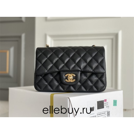 Chanel Classic Flap bag Mini 20 Black with gold hardware, Caviar leather, seamless.