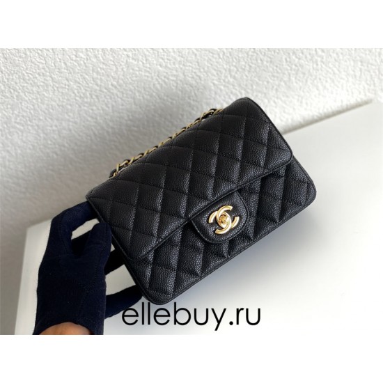 Chanel Classic Flap bag Mini 20 Black with gold hardware, Caviar leather, edge stitching.