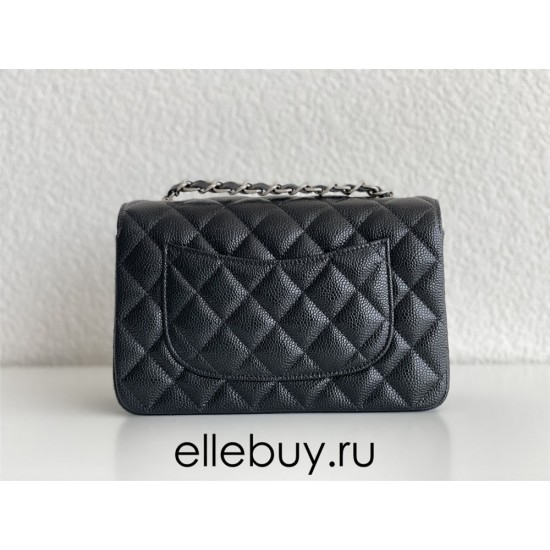 Chanel Classic Flap bag Mini 20 Black with silver hardware, Caviar leather, edge stitching.