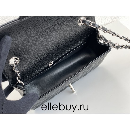 Chanel Classic Flap bag Mini 20 Black with silver hardware, Caviar leather, edge stitching.