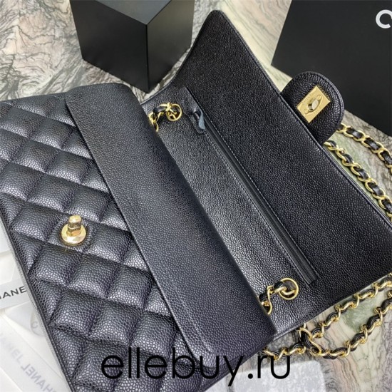 Chanel Classic Flap bag Jumbo 28 Black with gold hardware, Caviar leather, edge stitching, red interior.