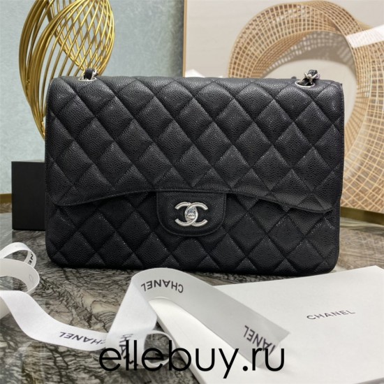 Chanel Classic Flap bag Jumbo 30 Black with silver hardware, Caviar leather, edge stitching, red interior.