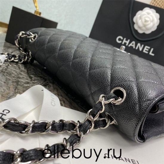 Chanel Classic Flap bag Jumbo 30 Black with silver hardware, Caviar leather, edge stitching, red interior.