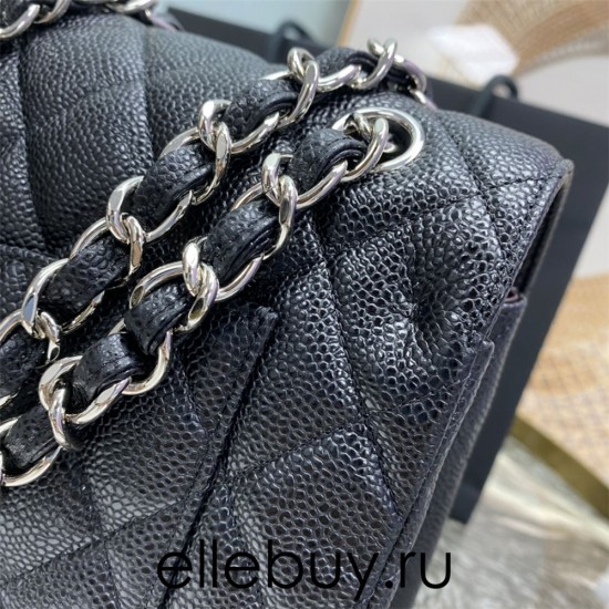 Chanel Classic Flap bag Jumbo 30 Black with silver hardware, Caviar leather, edge stitching, red interior.