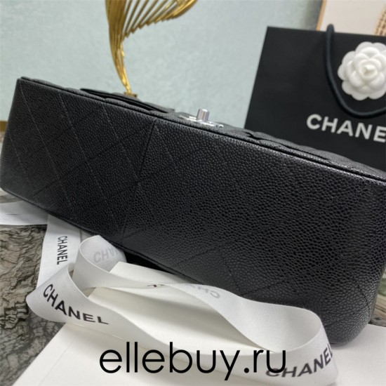 Chanel Classic Flap bag Jumbo 30 Black with silver hardware, Caviar leather, edge stitching, red interior.