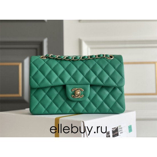 Chanel Classic Flap bag Small 23 Green with champagne gold hardware, Caviar leather, Hass Factory leather, seamless.