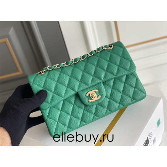 Chanel Classic Flap bag Small 23 Green with champagne gold hardware, Caviar leather, Hass Factory leather, seamless.