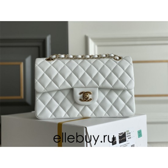 Chanel Classic Flap bag Small 23 White with champagne gold hardware, Caviar leather, Hass Factory leather, seamless.