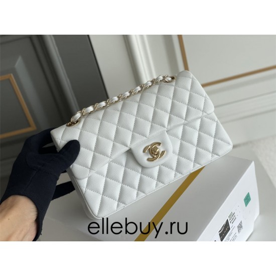 Chanel Classic Flap bag Small 23 White with champagne gold hardware, Caviar leather, Hass Factory leather, seamless.