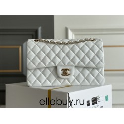 Chanel Classic Flap bag Medium 25 White with champagne gold hardware, Caviar leather, Hass Factory leather, seamless.