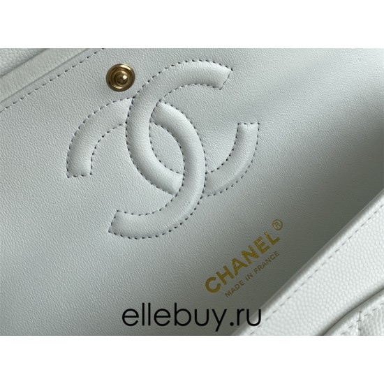 Chanel Classic Flap bag Medium 25 White with champagne gold hardware, Caviar leather, Hass Factory leather, seamless.