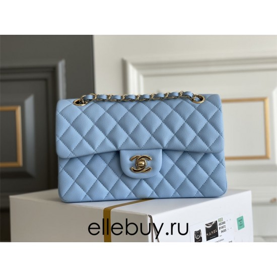 Chanel Classic Flap bag Small 23 Blue with champagne gold hardware, Caviar leather, Hass Factory leather, seamless.