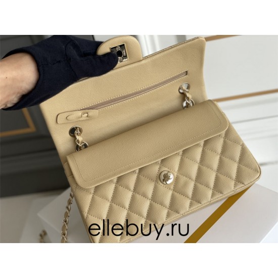 Chanel Classic Flap bag Small 23 Beige with champagne gold hardware, Caviar leather, Hass Factory leather, seamless.