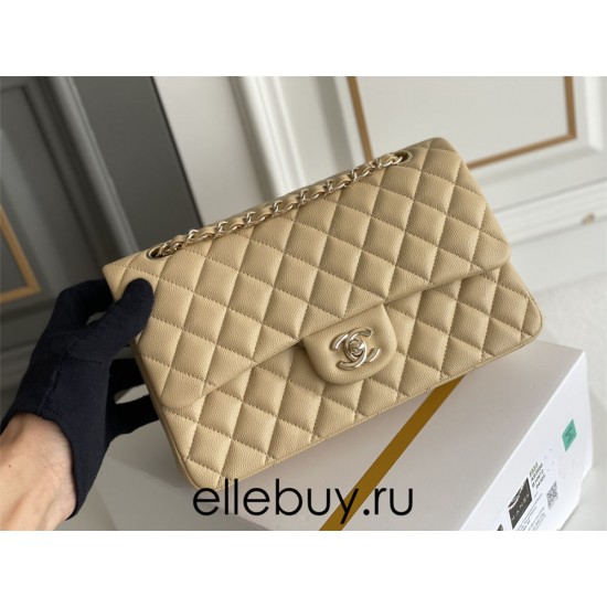 Chanel Classic Flap bag Medium 25 Beige with champagne gold hardware, Caviar leather, Hass Factory leather, seamless.