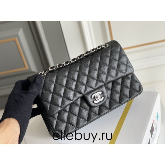 Chanel Classic Flap bag Medium 25 Black with silver hardware, Caviar leather, Hass Factory leather, seamless, black interior.