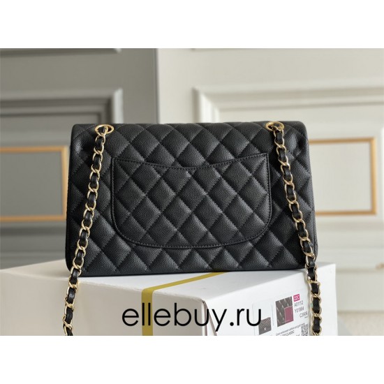 Chanel Classic Flap bag Medium 25 Black with gold hardware, Caviar leather, Hass Factory leather, seamless, black interior.