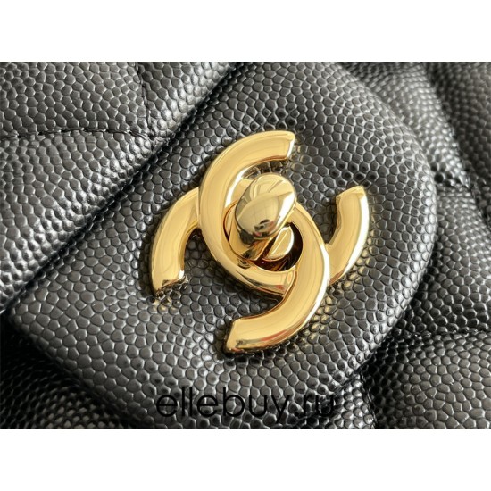 Chanel Classic Flap bag Medium 25 Black with gold hardware, Caviar leather, Hass Factory leather, seamless, black interior.