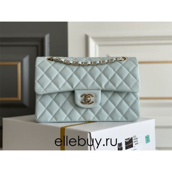 Chanel Classic Flap bag Small 23 Light Blue with champagne gold hardware, Caviar leather, Hass Factory leather, seamless.