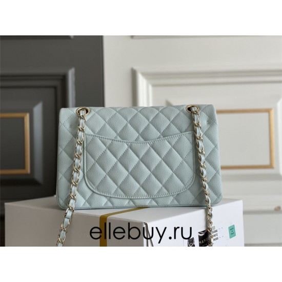 Chanel Classic Flap bag Small 23 Light Blue with champagne gold hardware, Caviar leather, Hass Factory leather, seamless.