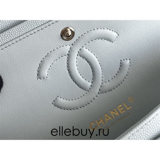 Chanel Classic Flap bag Small 23 Light Blue with champagne gold hardware, Caviar leather, Hass Factory leather, seamless.