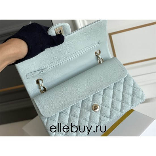 Chanel Classic Flap bag Medium 25 Light Blue with champagne gold hardware, Caviar leather, Hass Factory leather, seamless.