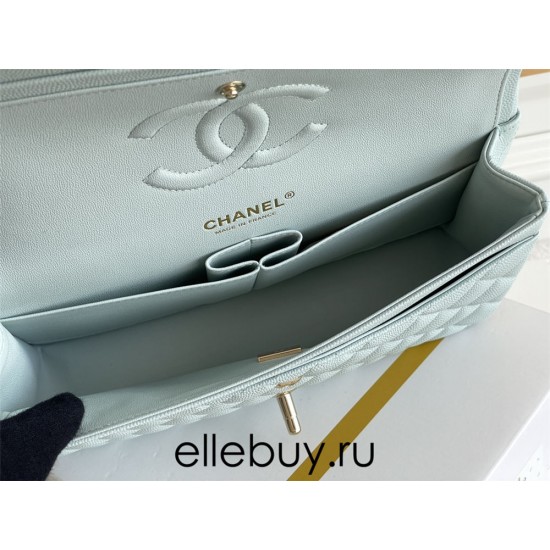 Chanel Classic Flap bag Medium 25 Light Blue with champagne gold hardware, Caviar leather, Hass Factory leather, seamless.