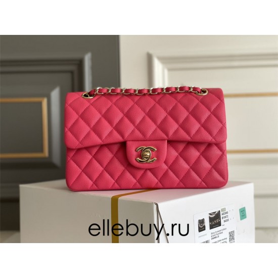 Chanel Classic Flap bag Small 23 Rose Red with champagne gold hardware, Caviar leather, Hass Factory leather, seamless.